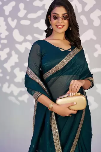 teal blue crunchy embroidery work pre-stitched saree
