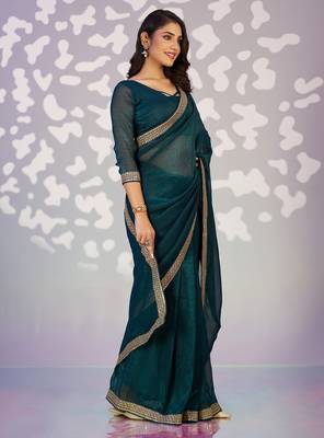 teal blue color crunchy fabric embroidery work ready to wear saree 4