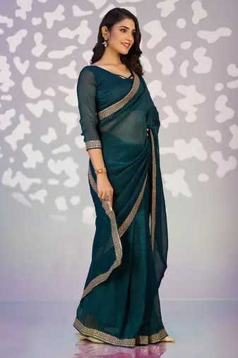 teal blue crunchy embroidery work pre-stitched saree