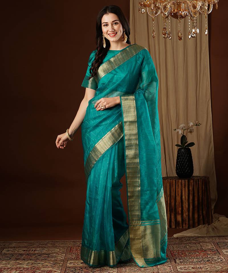 aqua blue color girlie organza fabric woven jacquard designer saree