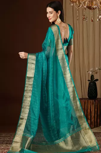 aqua blue girlie organza woven jacquard saree