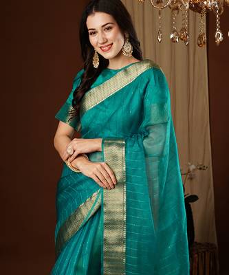 aqua blue girlie organza woven jacquard saree 3