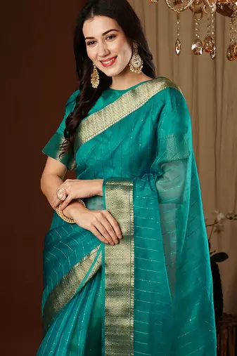 aqua blue girlie organza woven jacquard saree
