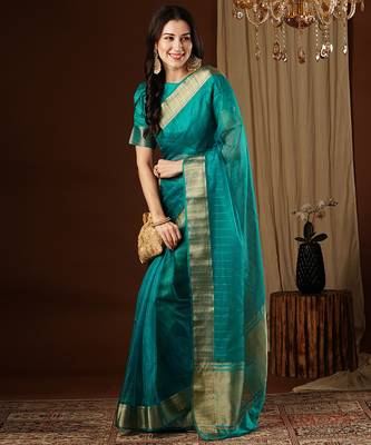 aqua blue girlie organza woven jacquard saree 4