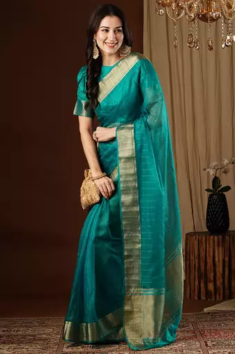 aqua blue girlie organza woven jacquard saree