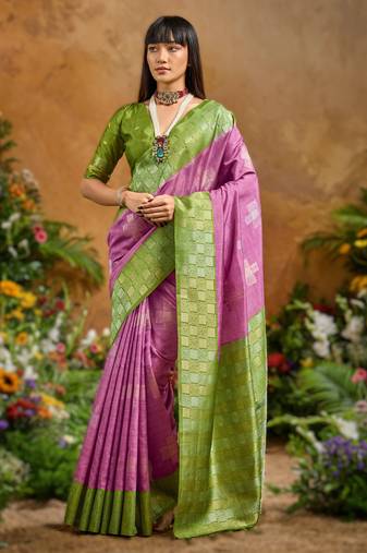 Onion pink handloom weaving paper silk saree with matching paper silk blouse