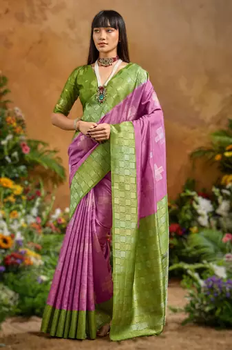 Onion pink handloom weaving paper silk saree with matching paper silk blouse