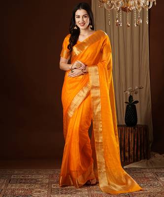 mustard girlie organza woven jacquard saree 1