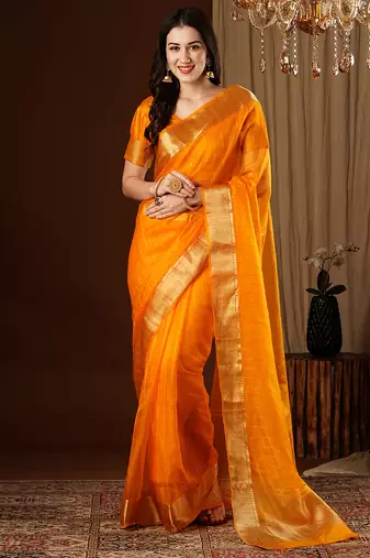 mustard color girlie organza fabric woven jacquard designer saree