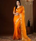 mustard color girlie organza fabric woven jacquard designer saree