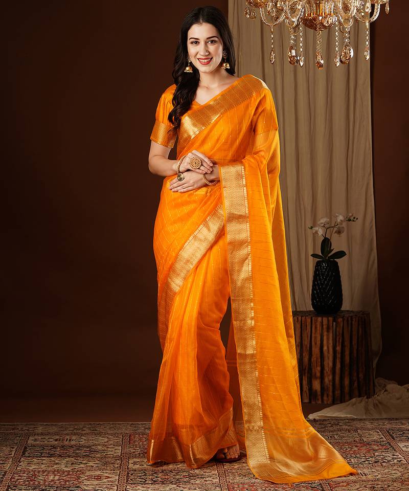 mustard color girlie organza fabric woven jacquard designer saree