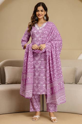 Pink Pure Cotton Sanganeri Block Print Kurta Pant with Dupatta Set 