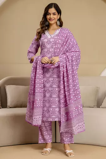 Pink Pure Cotton Sanganeri Block Print Kurta Pant with Dupatta Set 
