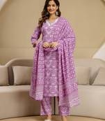 Pink Pure Cotton Sanganeri Block Print Kurta Pant with Dupatta Set 