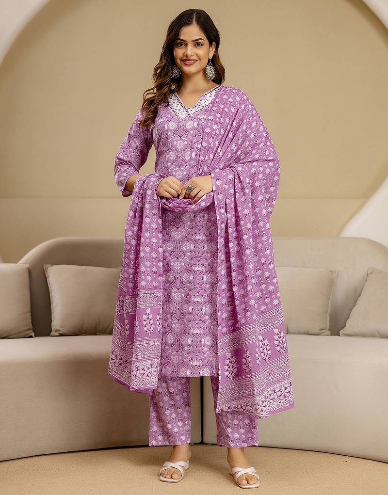 Pink Pure Cotton Sanganeri Block Print Kurta Pant with Dupatta Set 