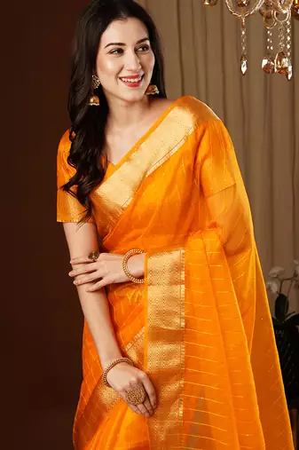 mustard girlie organza woven jacquard saree