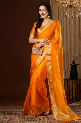 mustard girlie organza woven jacquard saree
