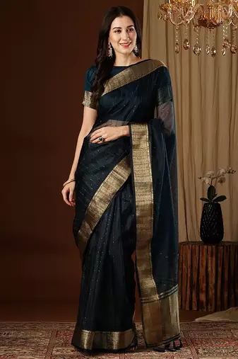 nevy blue color girlie organza fabric woven jacquard designer saree