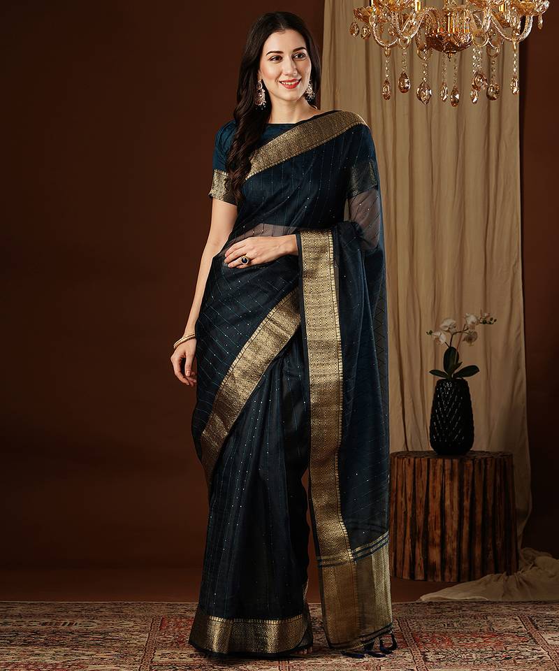 nevy blue color girlie organza fabric woven jacquard designer saree