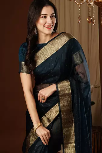 nevy blue girlie organza woven jacquard saree