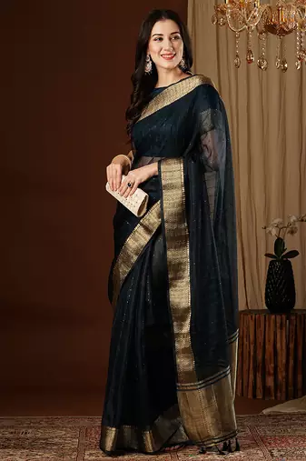 nevy blue girlie organza woven jacquard saree