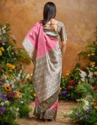 Pink weaving paper silk blend saree with matching paper silk blend blouse 2