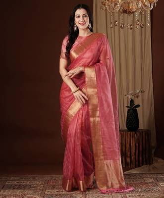 peach girlie organza woven jacquard saree 1