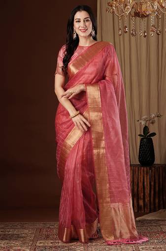 peach color girlie organza fabric woven jacquard designer saree