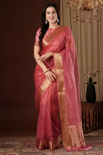 peach color girlie organza fabric woven jacquard designer saree