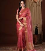 peach color girlie organza fabric woven jacquard designer saree