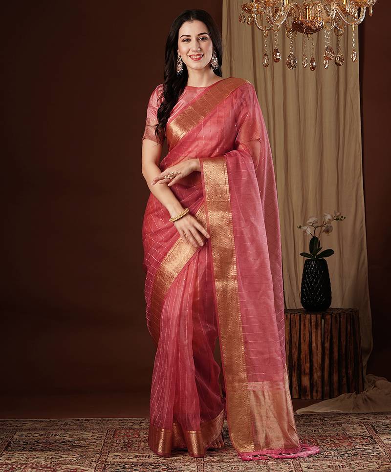 peach color girlie organza fabric woven jacquard designer saree