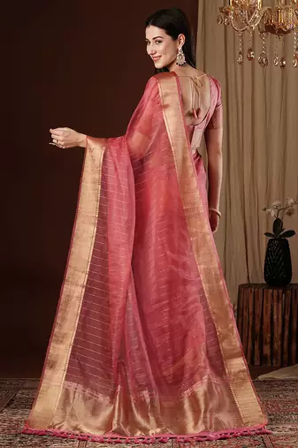 peach girlie organza woven jacquard saree