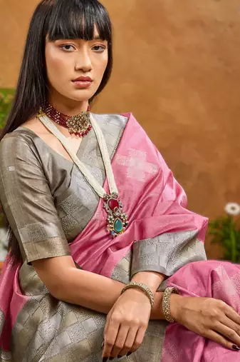 Pink weaving paper silk blend saree with matching paper silk blend blouse