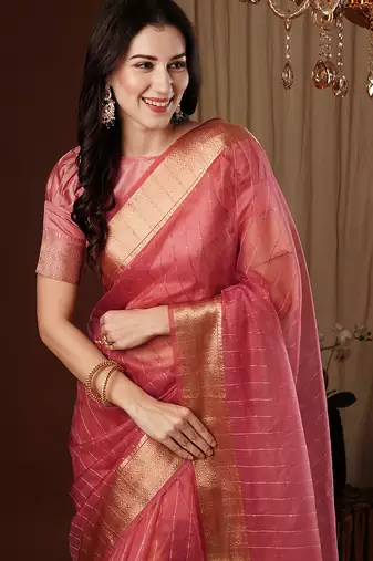 peach girlie organza woven jacquard saree