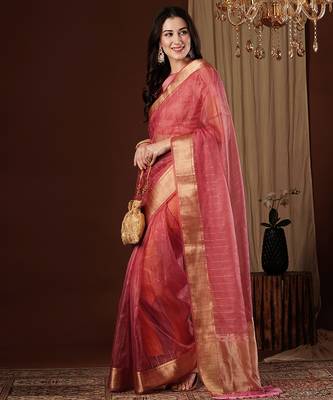 peach girlie organza woven jacquard saree 4