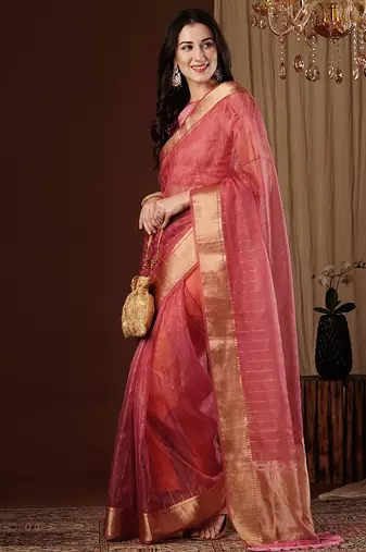 peach girlie organza woven jacquard saree