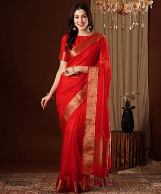 red girlie organza woven jacquard saree 1