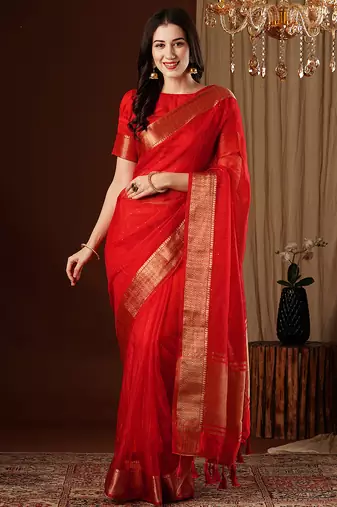 red color girlie organza fabric woven jacquard designer saree