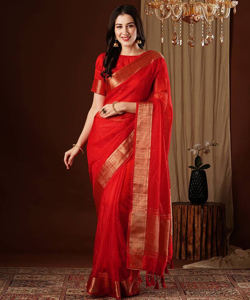 red color girlie organza fabric woven jacquard designer saree