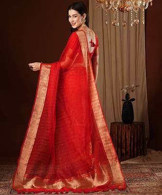 red girlie organza woven jacquard saree 2