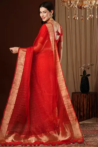 red girlie organza woven jacquard saree