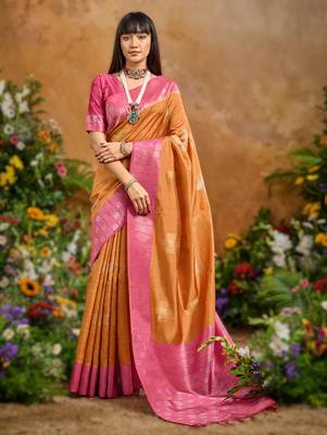 Orange weaving paper silk blend saree with matching paper silk blend blouse 1