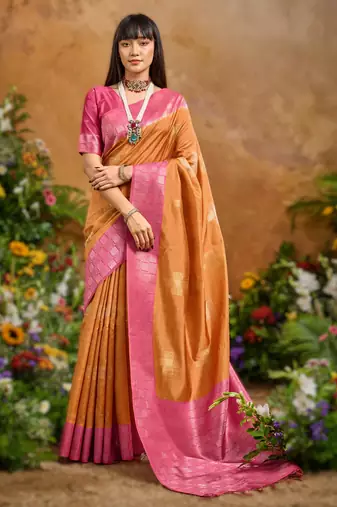 Orange handloom weaving paper silk saree with matching paper silk blouse