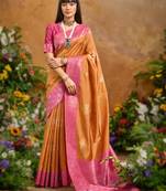 Orange handloom weaving paper silk saree with matching paper silk blouse