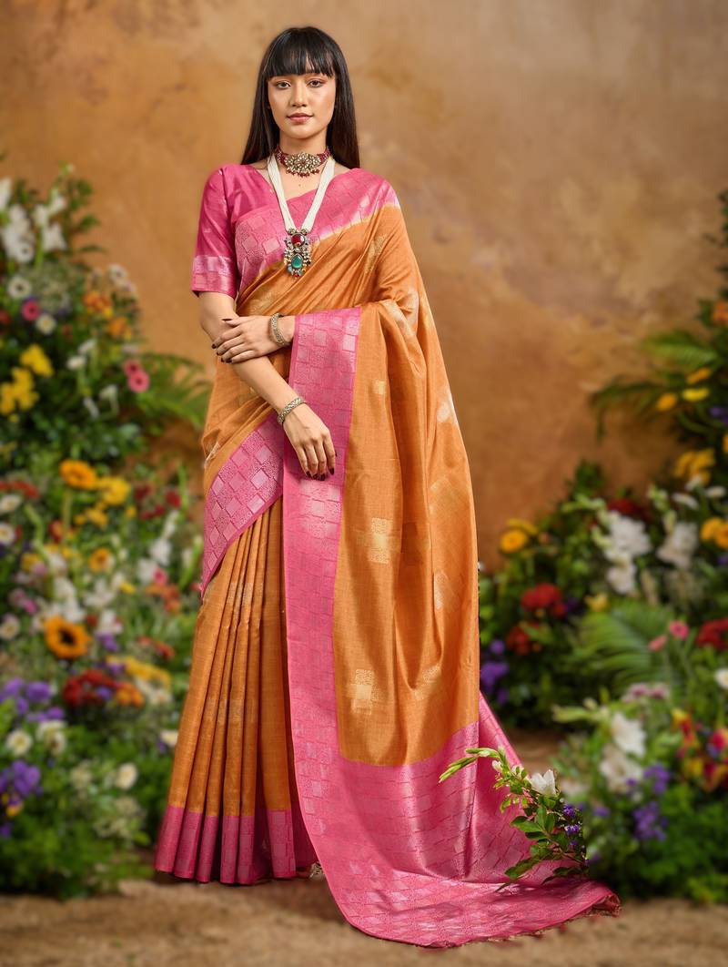 Orange handloom weaving paper silk saree with matching paper silk blouse