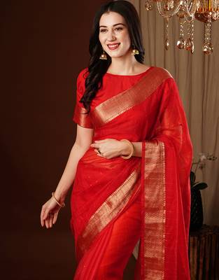 red girlie organza woven jacquard saree 3