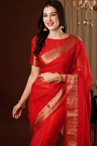 red girlie organza woven jacquard saree