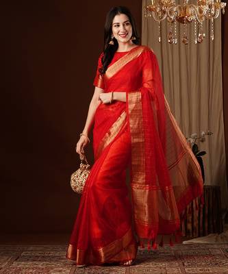 red girlie organza woven jacquard saree 4