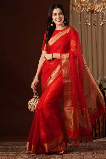 red girlie organza woven jacquard saree