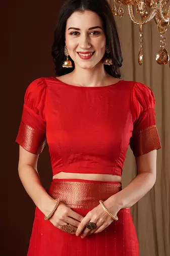 red girlie organza woven jacquard saree